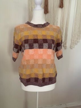 Free People Checkerboard Crew Sweater in Peach, Mustard, Mauve & Cream
